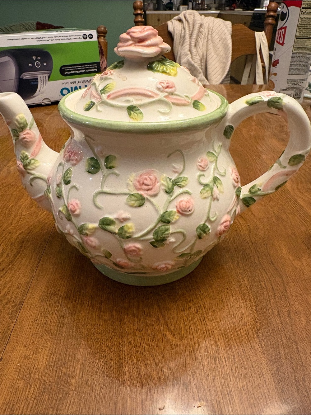 Handcrafted Pink Rose Ceramic Teapot with Raised Floral Detail